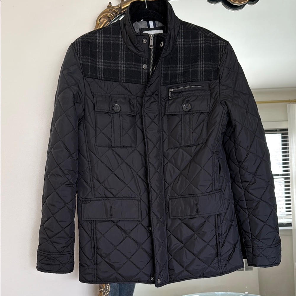 Cole Haan Black Quilted Puffer Field Jacket with corduroy Collar